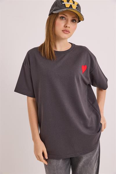 Bisiklet Yaka  Kısa Kol Basic Tshirt Füme