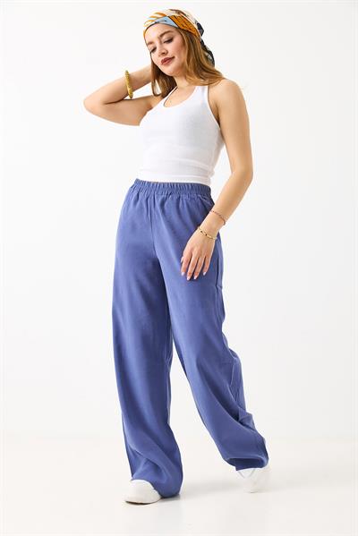 Kadın Bol Kesim Tensel Kumaş Beli Lastikli Petrol Mavisi