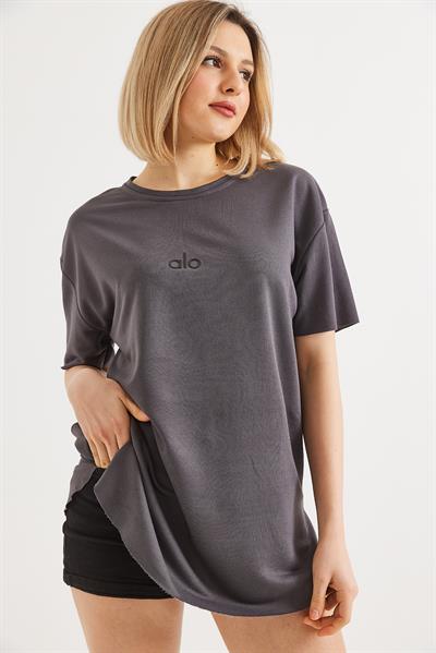 Eteği Oval Kesim Bisiklet Yaka Tshirt Füme