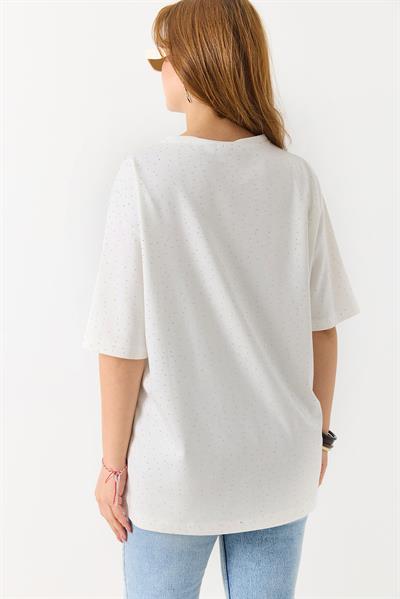 Kadın Taş Detaylı Bisiklet Yaka Oversize Tshirt Ekru