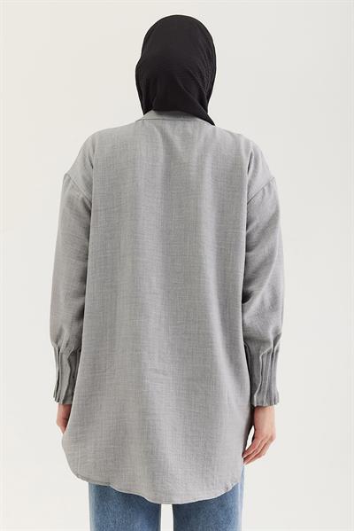 Keten Kumaş Kol Nervül Detaylı Gömlek Tunik Gri