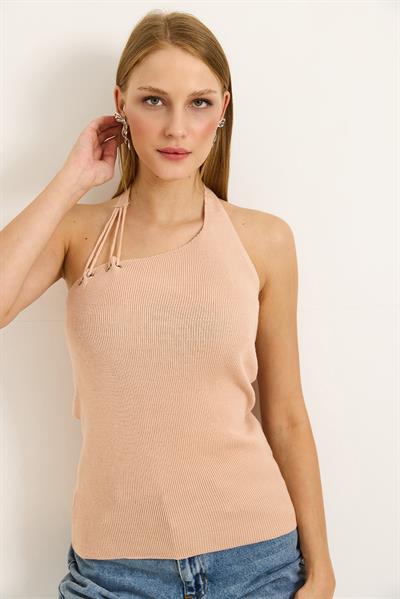 Tek Omuz Boyun Detaylı Triko Bluz Vizon