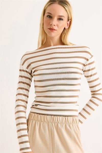 Kadın Çizgi Desen Geniş Yaka Uzun Kollu Bluz Sütlü Kahve