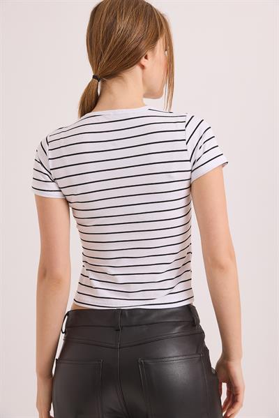 Kısa Kol Likralı Kompak Çizgili Tshirt Beyaz