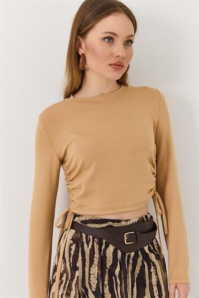 Yanları Büzgülü Uzun Kollu Vizon Bluz 