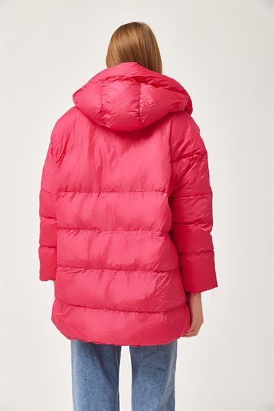 Kapüşonlu Oversize Şişme Mont Fuşya