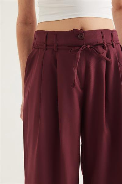 Kendinden Kemerli Cepli Bol Pantolon Bordo