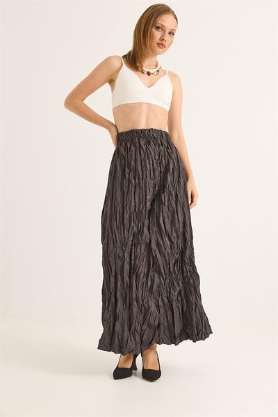 Kırışık Model Beli Lastikli Kadın Etek Füme