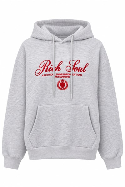 Kadın Baskılı Oversize Kapüşonlu Cep Detay Sweatshirt Gri