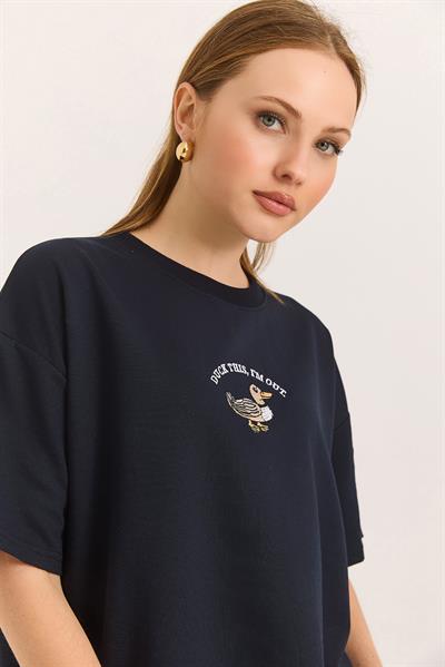 Duck Nakışlı Oversize İki İplik Tshirt  Lacivert