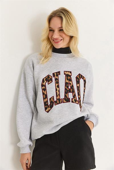 Kadın Üç İplik Leopar Baskılı Sweatshirt Gri