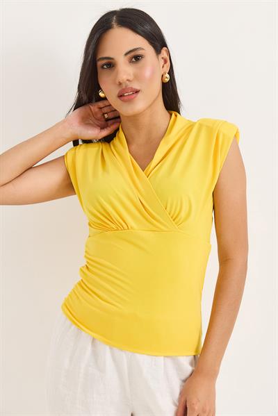 Kruvaze Yaka Vatkalı Sıfır Kol Bluz Sarı