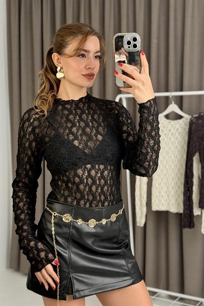Kadın Bisiklet Yaka Dantel Transparan Bluz Siyah