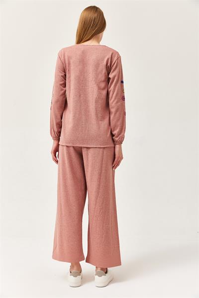 Hera Kumaş Önü ve Kolları İşlemeli İkili Takım Gül Kurusu