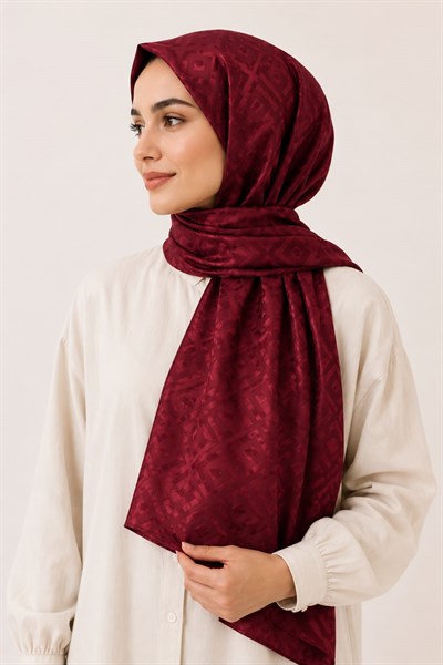 Kadın Geometrik Desenli 180X70 Ölçülü Jakar Şal Bordo