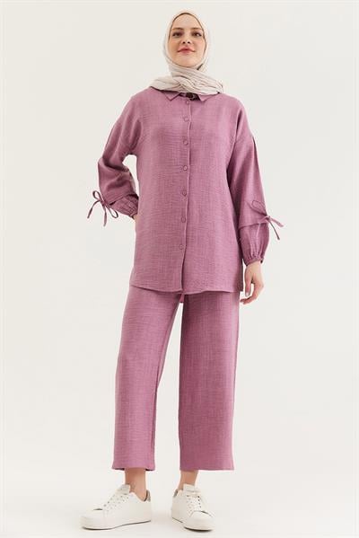 Kol Büzgülü Gömlek Pantolon İkili Takım Gül Kurusu