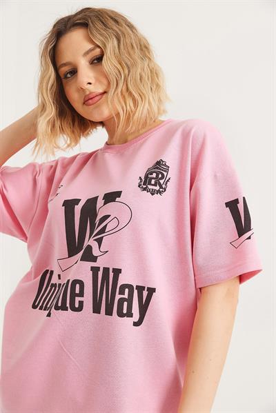 Bisiklet Yaka Baskılı Tshirt Pembe