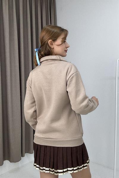 Kadın Bej Yarım Fermuarlı Üç İplik Sweat 