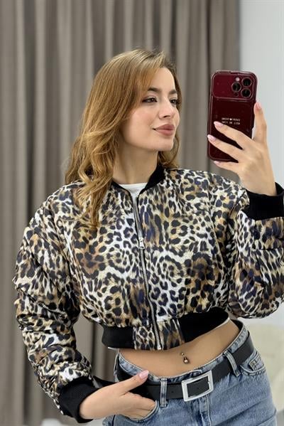 Leopar Desen Crop Şişme Mont
