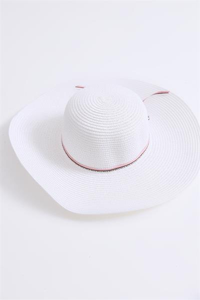 Aksesuarlı Hasır Kadın Plaj Havuz Bahçe Şapkası Beyaz