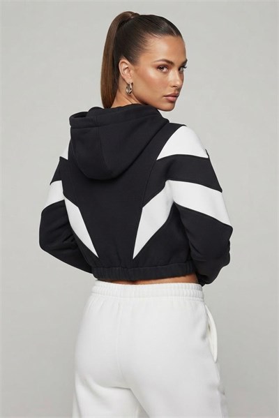 Kadın Beli Lastikli Şerit Detaylı Kapüşonlu Sweat Siyah