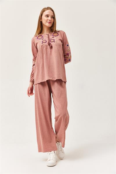 Hera Kumaş Önü ve Kolları İşlemeli İkili Takım Gül Kurusu