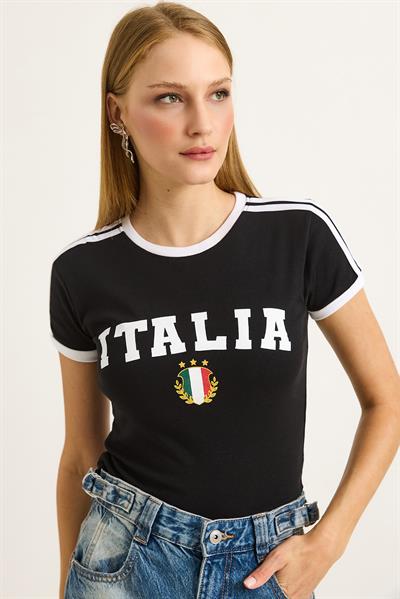 Bisiklet Yaka Baskılı Crop Tshirt Siyah
