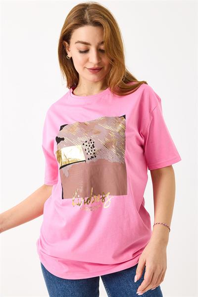 Kadın Parlak Baskılı Bisiklet Yaka Tshirt Pembe