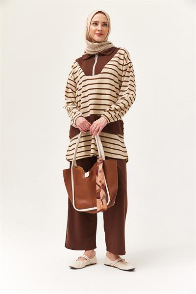 Fermuarlı Çizgili Gömlek Yaka Takım Kahverengi