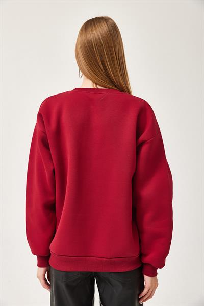 Oversize Nakışlı Sweatshirt Bordo