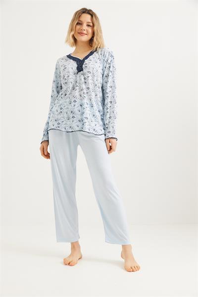 Yakası Dantelli Uzun Kollu Pijama Takımı Mavi