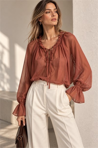 Kadın Şifon Oversize  Kolları Lastik Fırfır Detaylı Bluz Kahverengi
