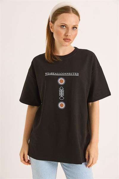 Bisiklet Yaka Kısa Kol Baskılı Tshirt Sİyah
