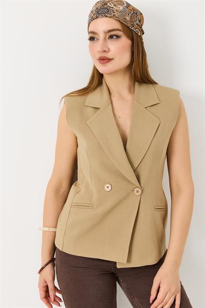 Kadın  Oversize Kruvaze Sıfır Kol Yelek Vizon