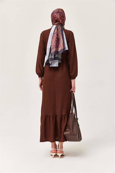 Kuşaklı Kat Keten Elbise Kahverengi