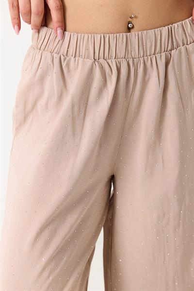 Kadın Taş Detaylı Bol Kesim Keten Görünümlü Pantolon  Vizon