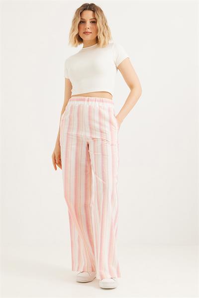 Beli Lastikli Rahat Kesim Keten Pantolon Pembe