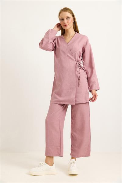 Yandan Bağlamalı Kimono Pantolon İkili Takım Gül Kurusu