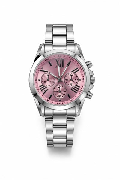 Silver Kordonlu Pembe Kadranlı Çelik Kol Saati Gümüş