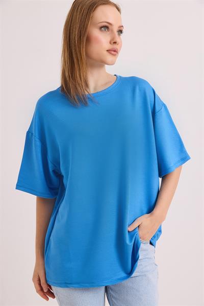 Oversize Yumuşak Dokulu Salaş T-Shirt Mavi