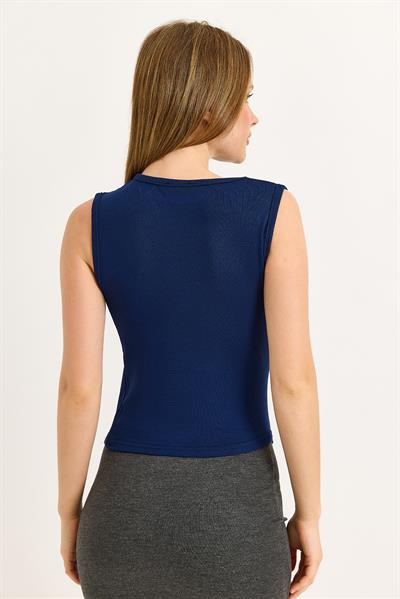 Yanları Büzgülü Pamuk Örme Bluz  Lacivert