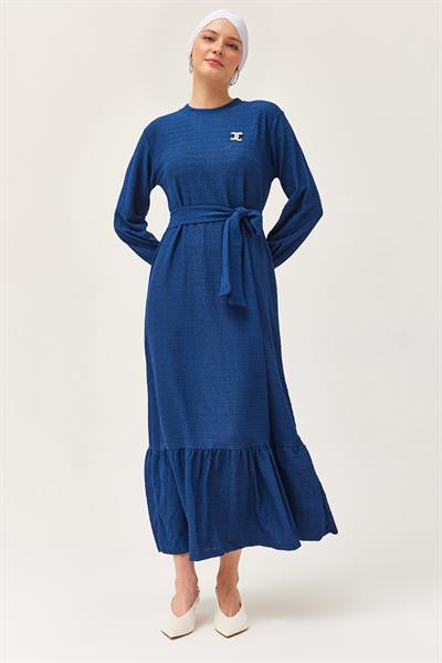 Kuşaklı Kat Keten Elbise Lacivert