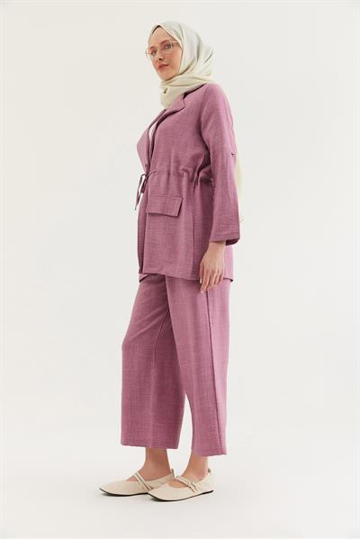 Bel Bağlamalı Ceketli Keten Takım Gül Kurusu