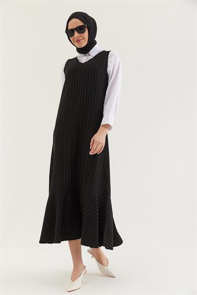 Çizgili Sıfır Kol Beli Kuşaklı Elbise Siyah