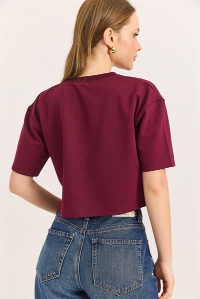 Bisiklet Yaka Havalı Crop İki İp Tshirt Bordo