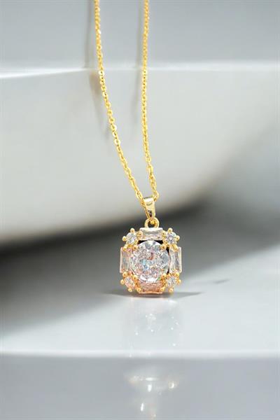 Kare Zirkon Taşlı Zincir Kolye Gold