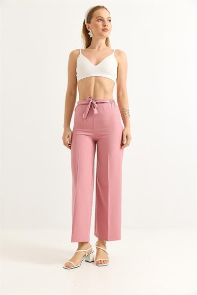 Bel Kuşaklı Bol Paça Krep Pantolon Gül Kurusu