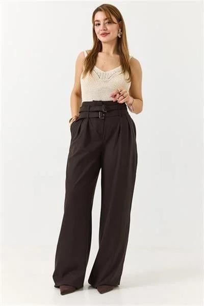 Kadın Çift Kemerli Salaş Kesim Bol Paça Pantolon Kahverengi