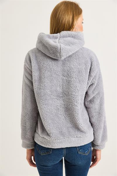 Kadın Kapüşonlu Nakış İşlemeli Peluş Sweatshirt  Gri