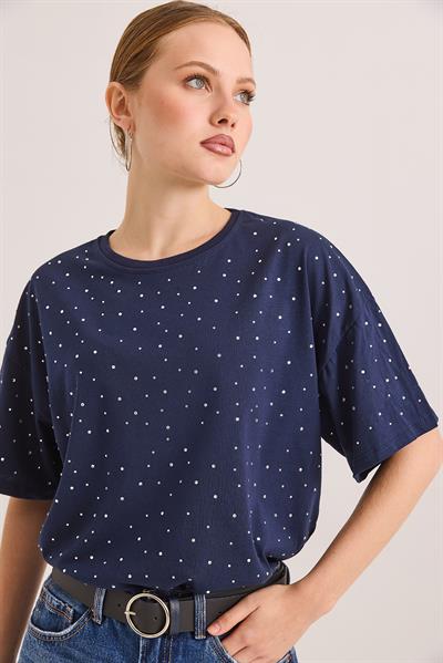 Taş Detaylı Rahat Kalıp Premium Pamuk Tshirt	Lacivert